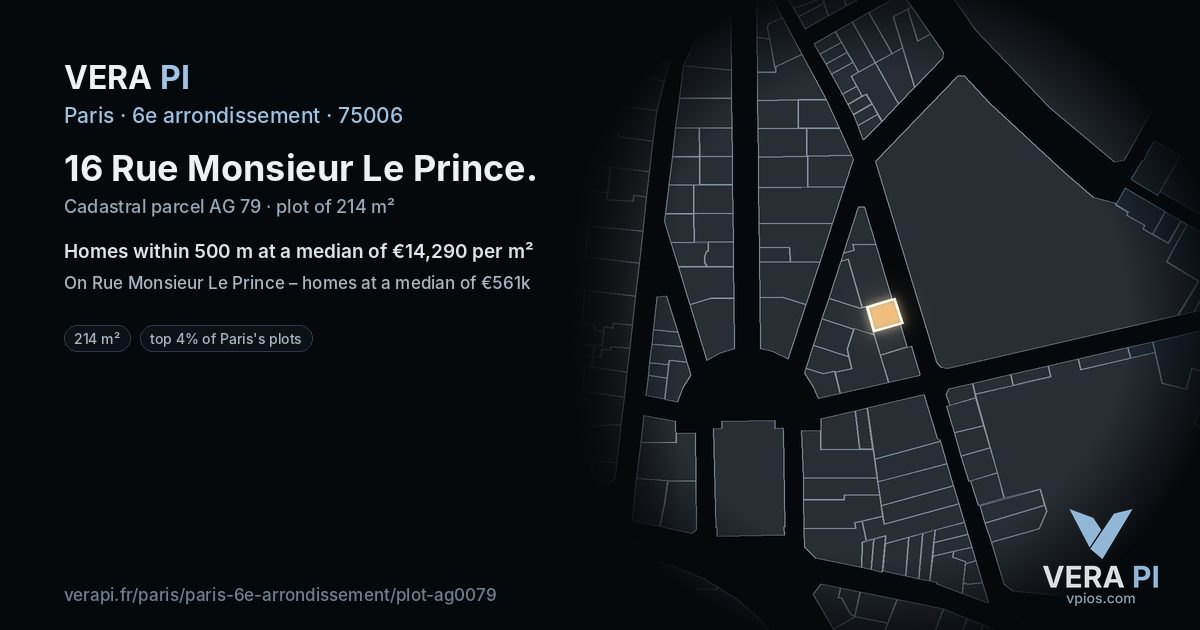 16 Rue Monsieur Le Prince, 6e arrondissement at night – the plot lit, the parcels around coloured by the prices near them