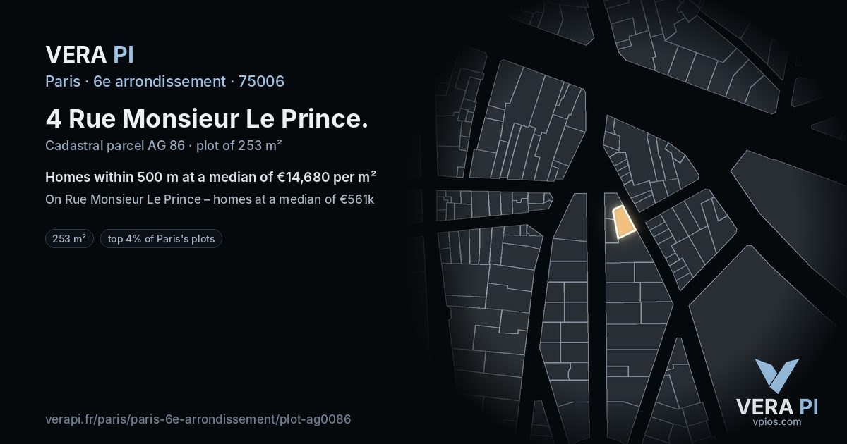 4 Rue Monsieur Le Prince, 6e arrondissement at night – the plot lit, the parcels around coloured by the prices near them
