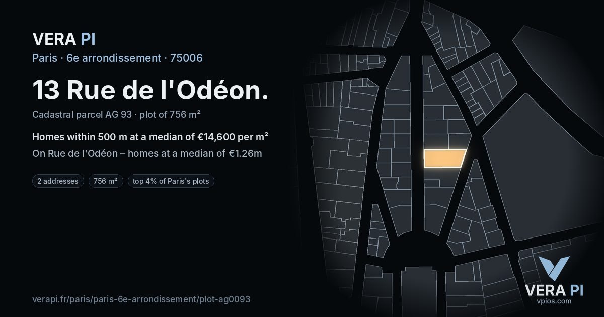 13 Rue de l'Odéon, 6e arrondissement at night – the plot lit, the parcels around coloured by the prices near them