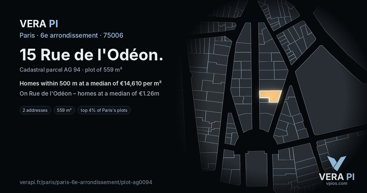 15 Rue de l'Odéon, 6e arrondissement at night – the plot lit, the parcels around coloured by the prices near them