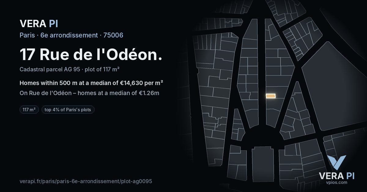 17 Rue de l'Odéon, 6e arrondissement at night – the plot lit, the parcels around coloured by the prices near them
