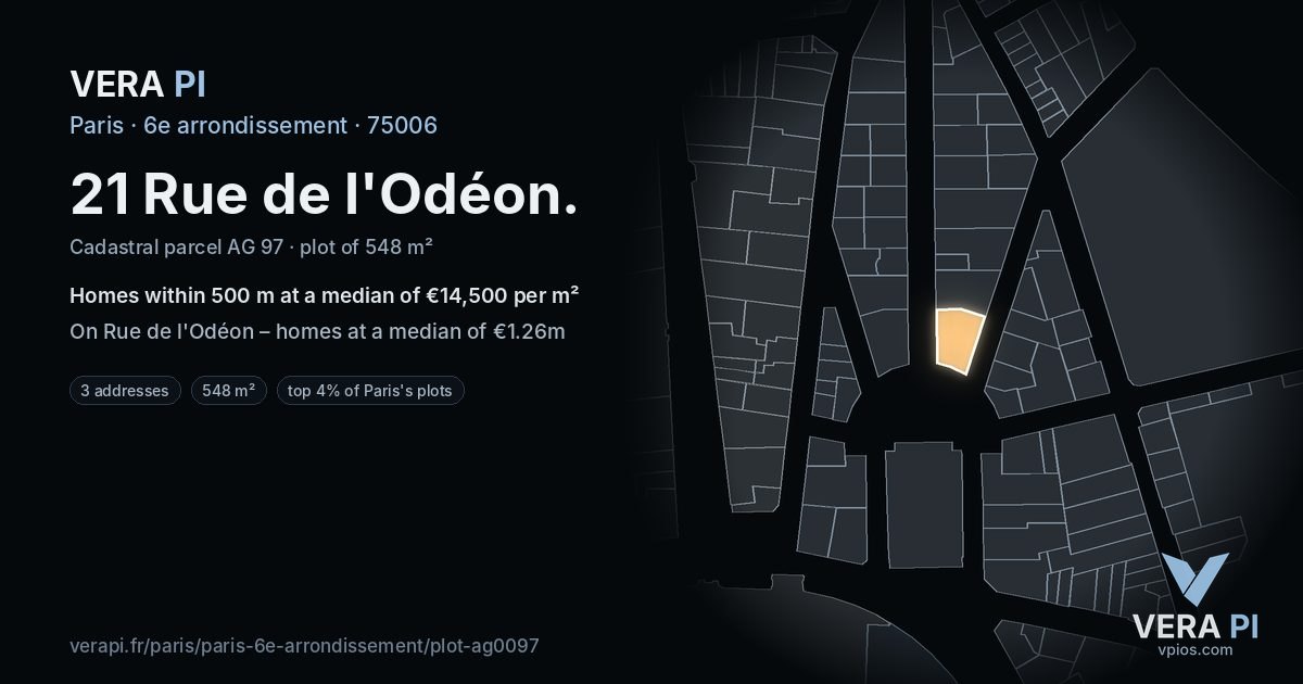 21 Rue de l'Odéon, 6e arrondissement at night – the plot lit, the parcels around coloured by the prices near them