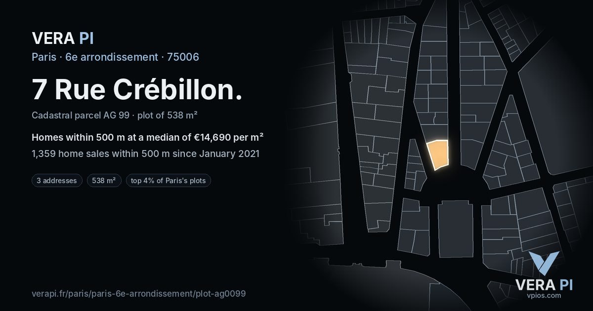 7 Rue Crébillon, 6e arrondissement at night – the plot lit, the parcels around coloured by the prices near them