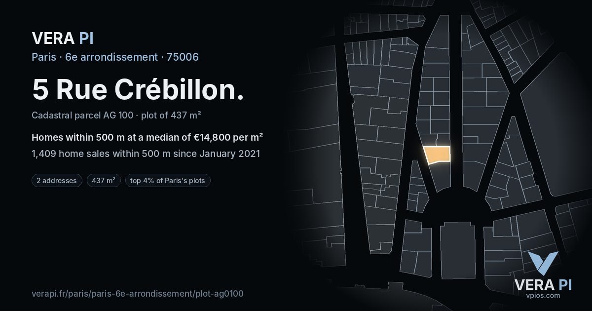 5 Rue Crébillon, 6e arrondissement at night – the plot lit, the parcels around coloured by the prices near them