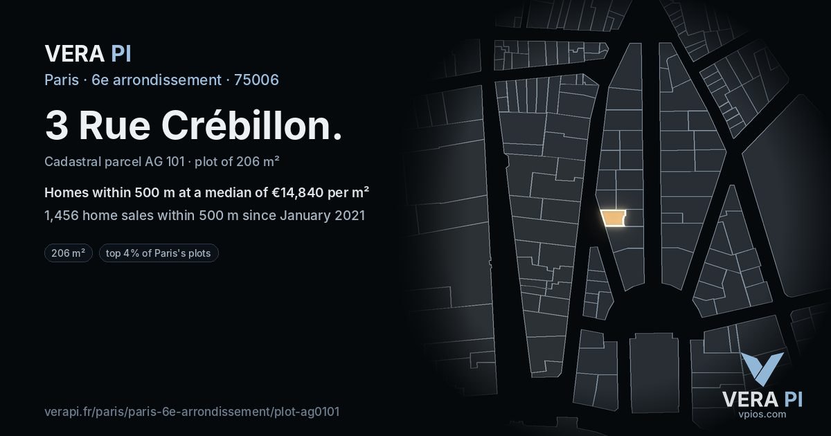 3 Rue Crébillon, 6e arrondissement at night – the plot lit, the parcels around coloured by the prices near them