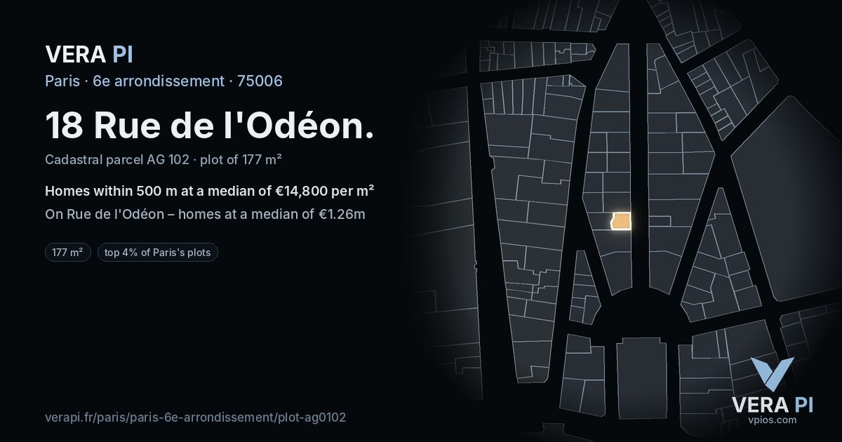 18 Rue de l'Odéon, 6e arrondissement at night – the plot lit, the parcels around coloured by the prices near them