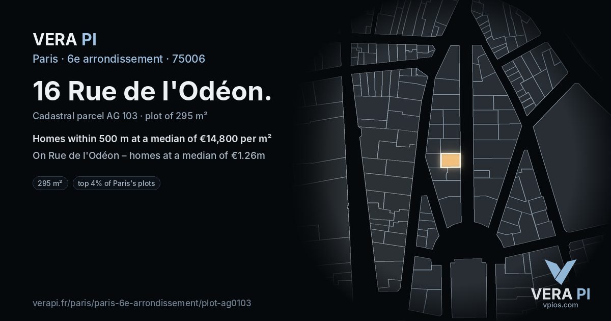 16 Rue de l'Odéon, 6e arrondissement at night – the plot lit, the parcels around coloured by the prices near them