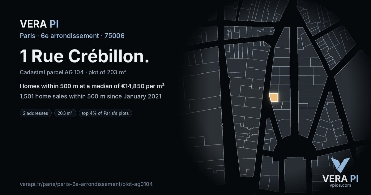 1 Rue Crébillon, 6e arrondissement at night – the plot lit, the parcels around coloured by the prices near them