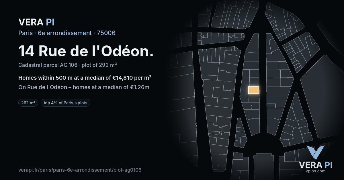 14 Rue de l'Odéon, 6e arrondissement at night – the plot lit, the parcels around coloured by the prices near them