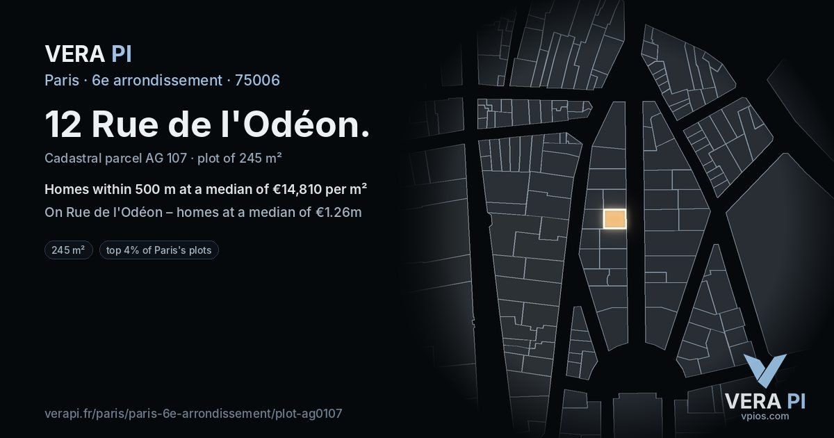12 Rue de l'Odéon, 6e arrondissement at night – the plot lit, the parcels around coloured by the prices near them