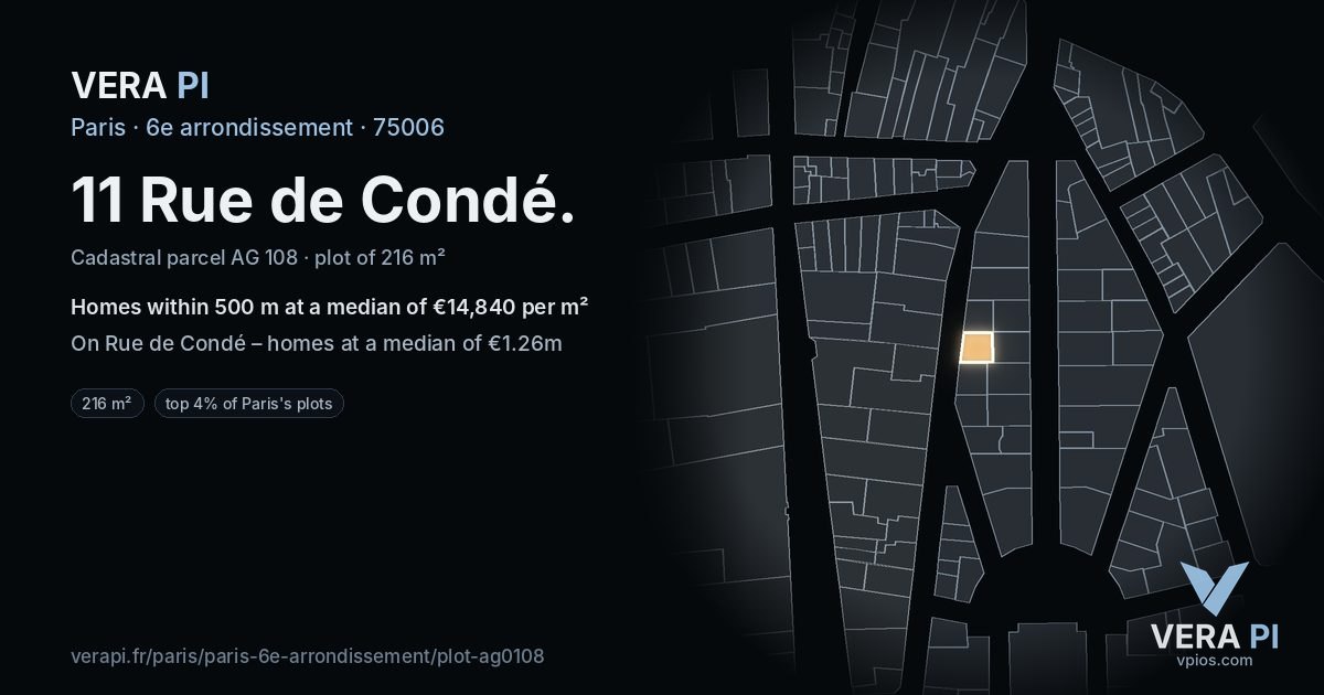 11 Rue de Condé, 6e arrondissement at night – the plot lit, the parcels around coloured by the prices near them