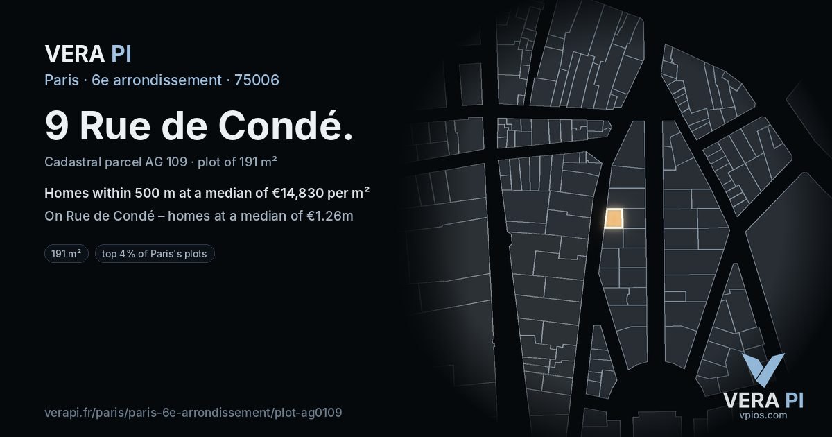 9 Rue de Condé, 6e arrondissement at night – the plot lit, the parcels around coloured by the prices near them