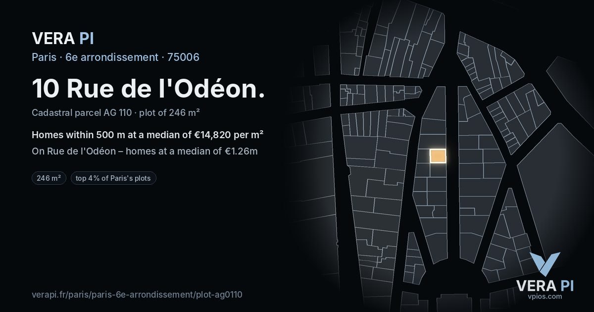 10 Rue de l'Odéon, 6e arrondissement at night – the plot lit, the parcels around coloured by the prices near them