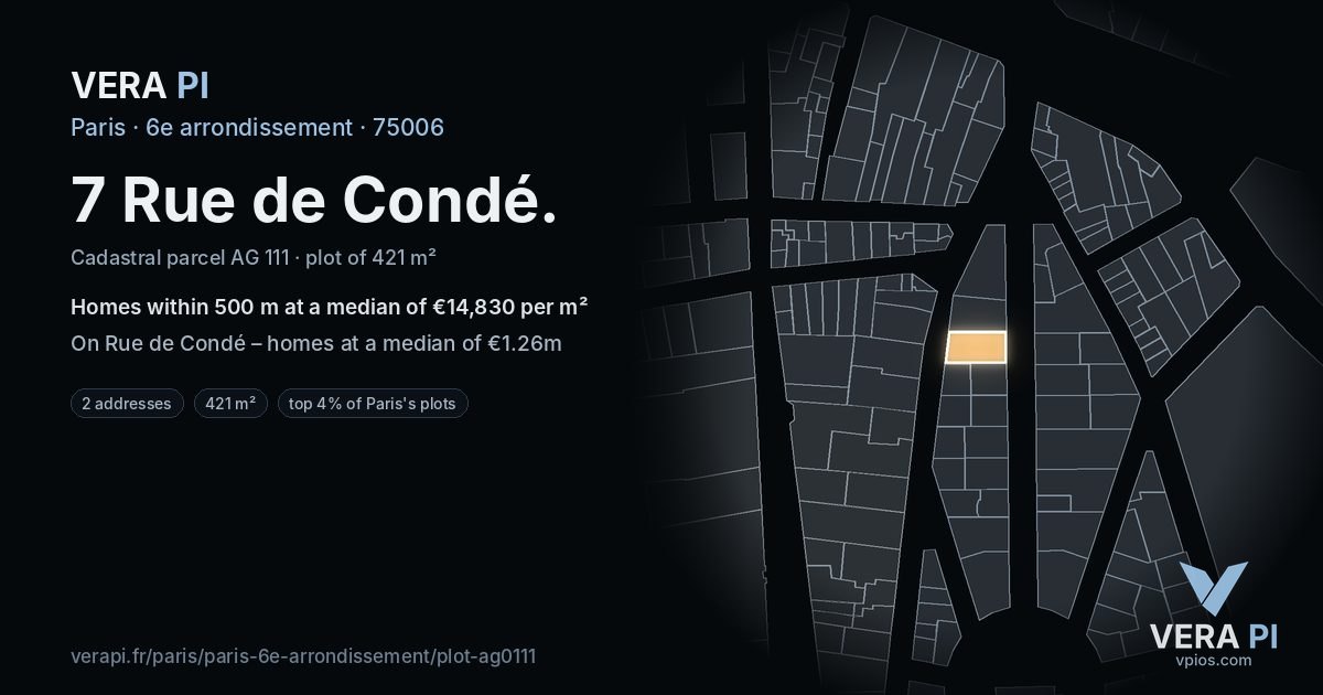 7 Rue de Condé, 6e arrondissement at night – the plot lit, the parcels around coloured by the prices near them