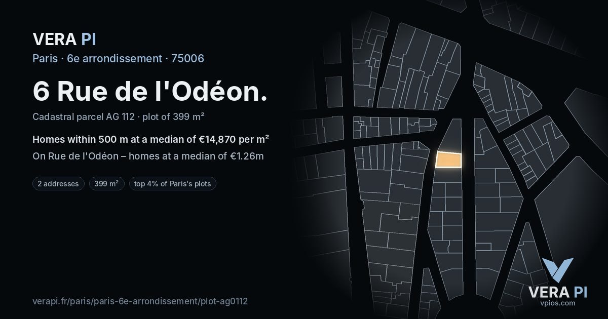 6 Rue de l'Odéon, 6e arrondissement at night – the plot lit, the parcels around coloured by the prices near them