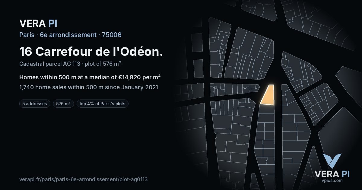 16 Carrefour de l'Odéon, 6e arrondissement at night – the plot lit, the parcels around coloured by the prices near them