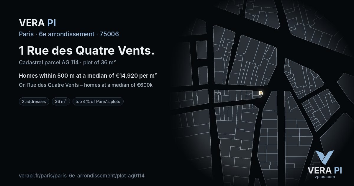 1 Rue des Quatre Vents, 6e arrondissement at night – the plot lit, the parcels around coloured by the prices near them