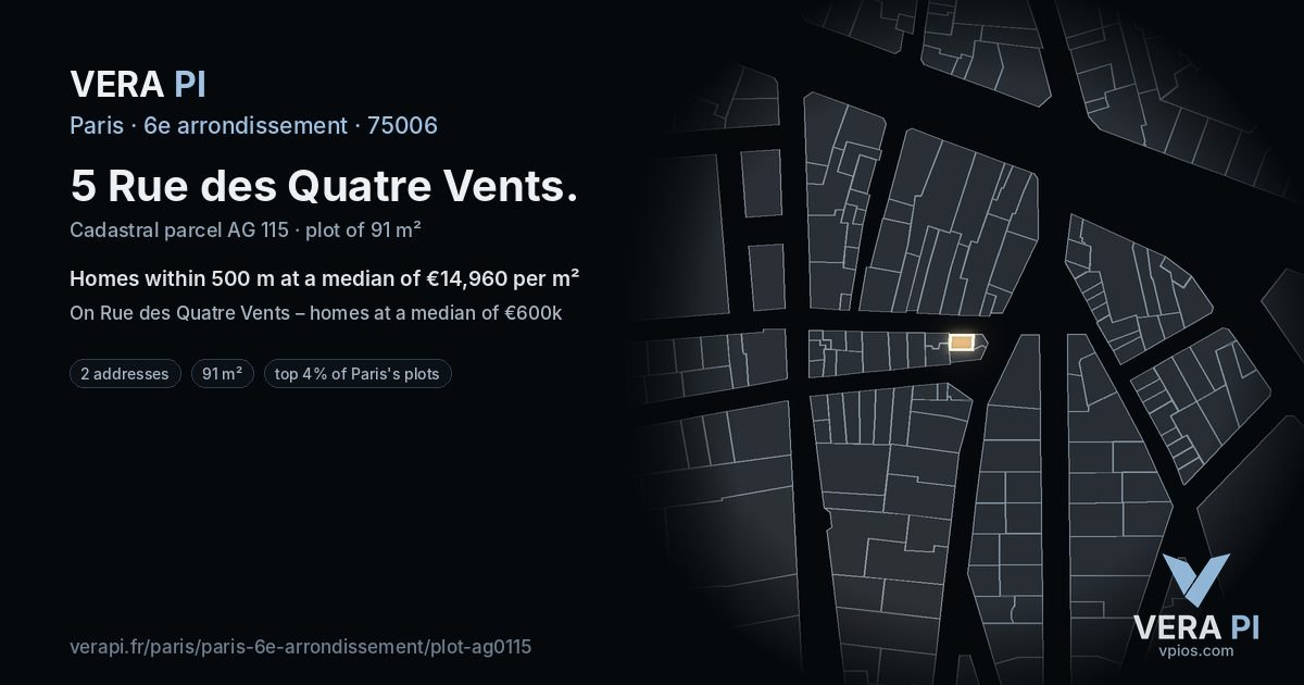 5 Rue des Quatre Vents, 6e arrondissement at night – the plot lit, the parcels around coloured by the prices near them