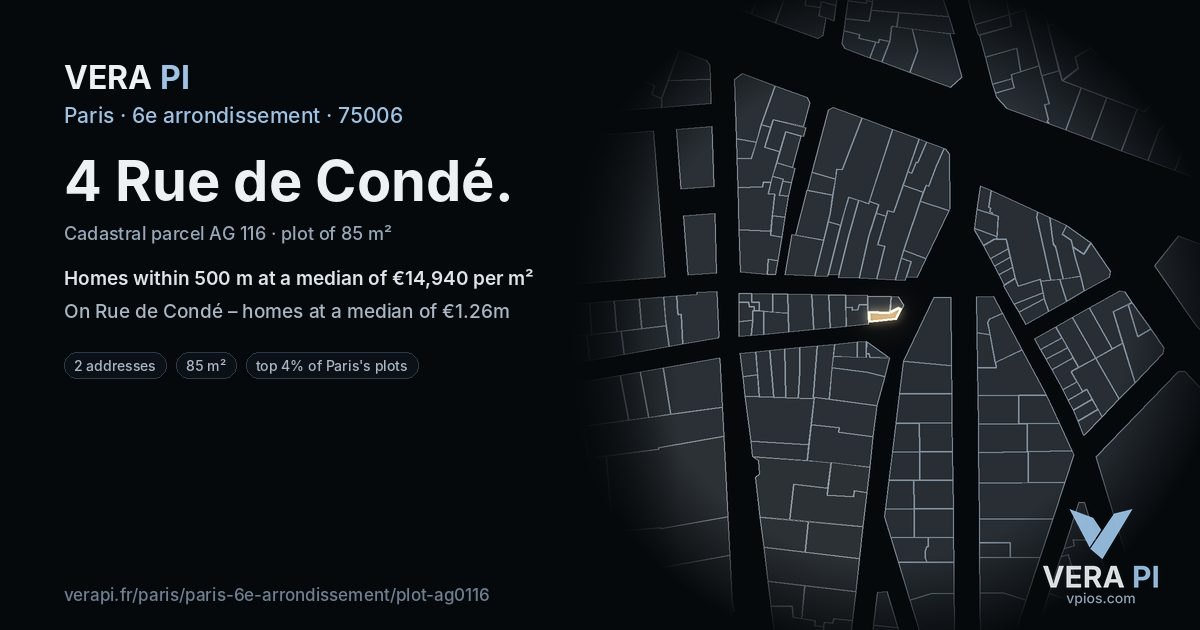 4 Rue de Condé, 6e arrondissement at night – the plot lit, the parcels around coloured by the prices near them