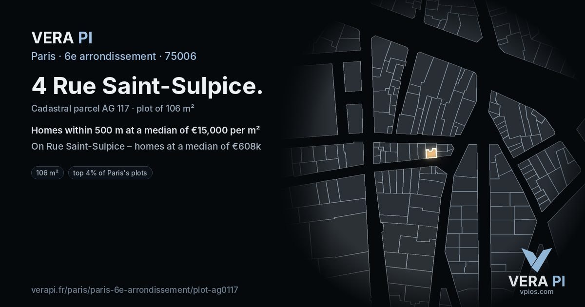 4 Rue Saint-Sulpice, 6e arrondissement at night – the plot lit, the parcels around coloured by the prices near them