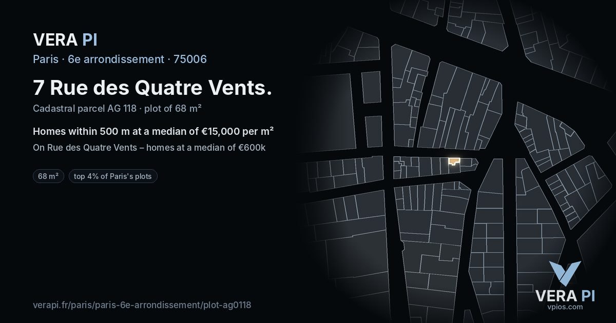 7 Rue des Quatre Vents, 6e arrondissement at night – the plot lit, the parcels around coloured by the prices near them