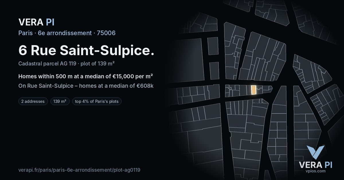 6 Rue Saint-Sulpice, 6e arrondissement at night – the plot lit, the parcels around coloured by the prices near them