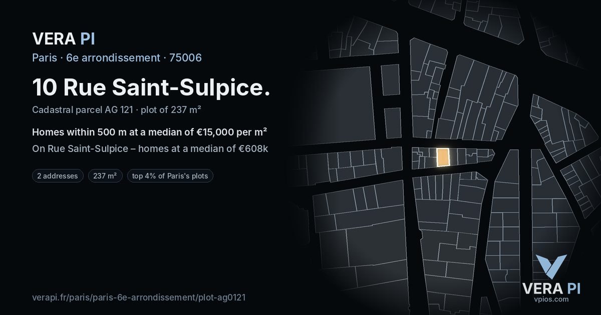 10 Rue Saint-Sulpice, 6e arrondissement at night – the plot lit, the parcels around coloured by the prices near them