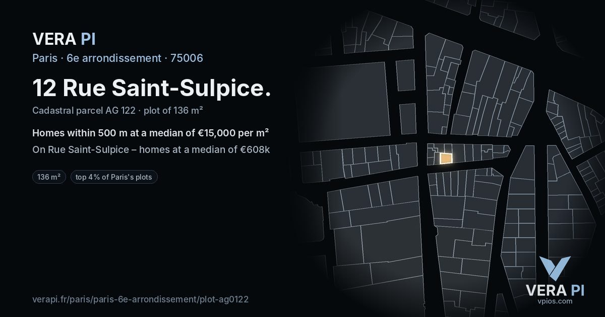 12 Rue Saint-Sulpice, 6e arrondissement at night – the plot lit, the parcels around coloured by the prices near them