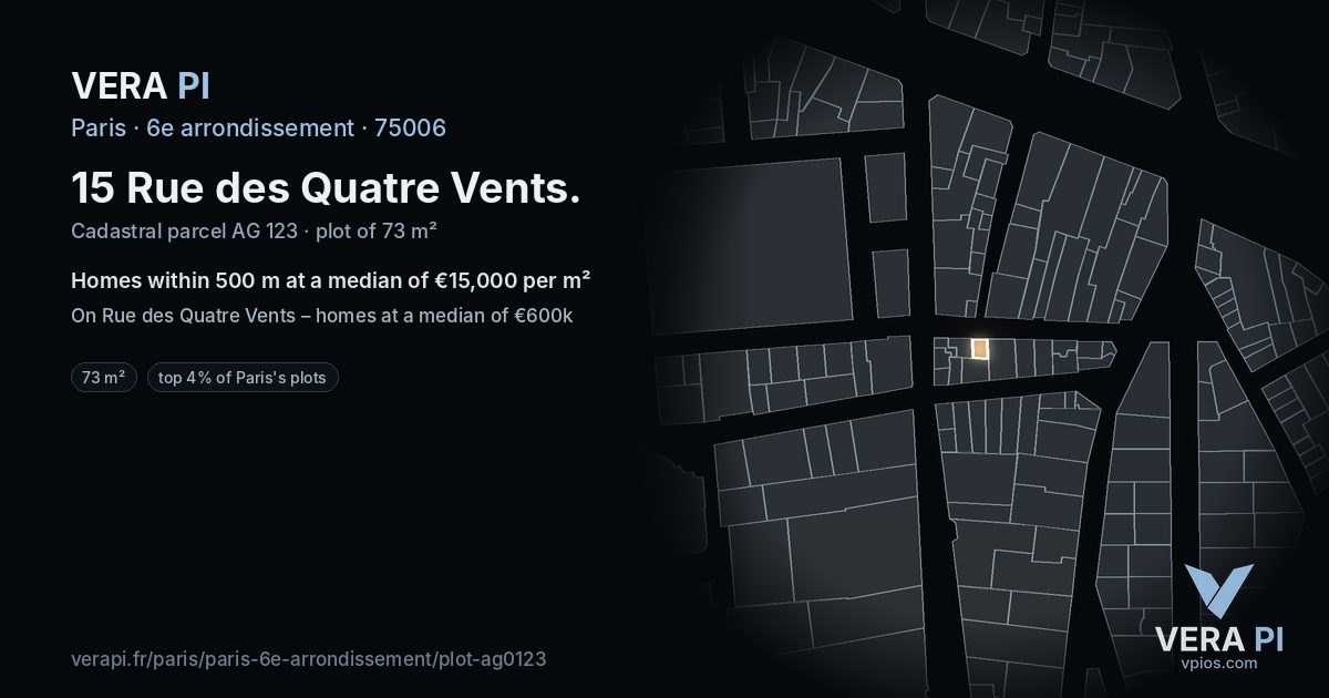 15 Rue des Quatre Vents, 6e arrondissement at night – the plot lit, the parcels around coloured by the prices near them