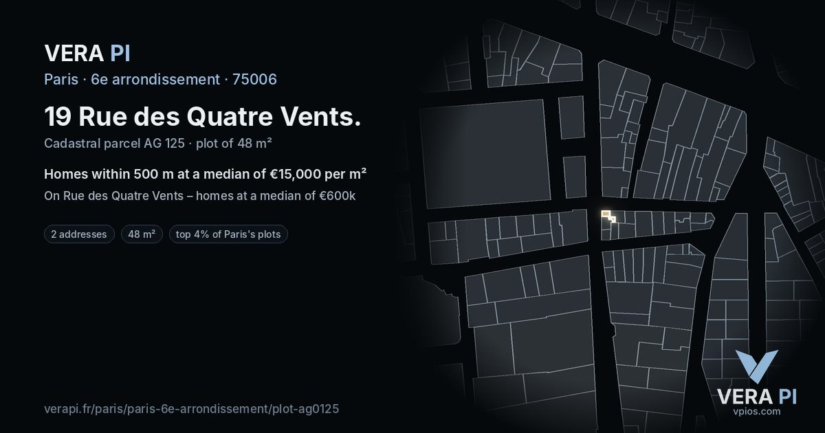 19 Rue des Quatre Vents, 6e arrondissement at night – the plot lit, the parcels around coloured by the prices near them