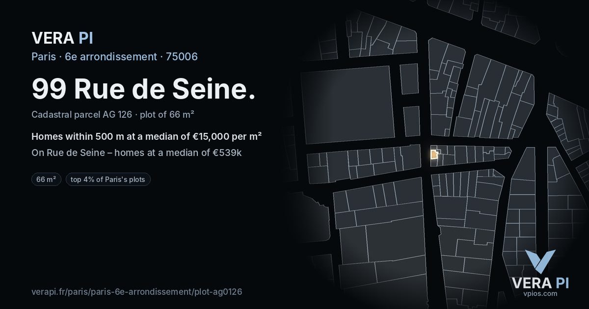99 Rue de Seine, 6e arrondissement at night – the plot lit, the parcels around coloured by the prices near them