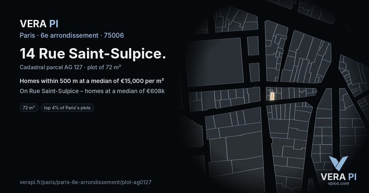 14 Rue Saint-Sulpice, 6e arrondissement at night – the plot lit, the parcels around coloured by the prices near them