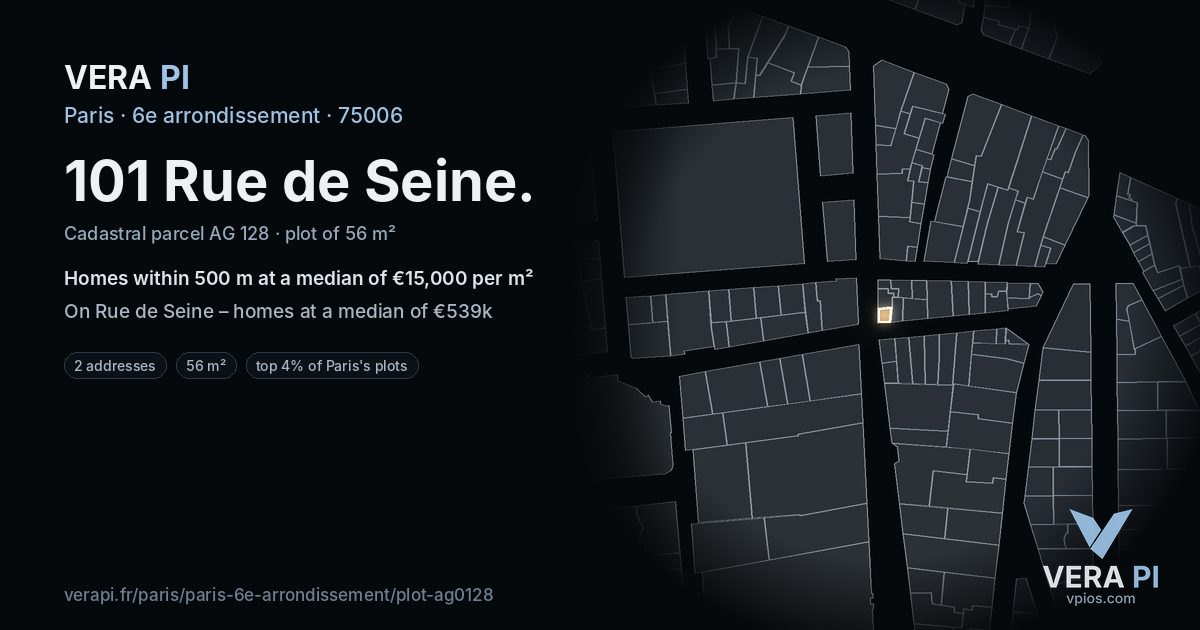 101 Rue de Seine, 6e arrondissement at night – the plot lit, the parcels around coloured by the prices near them