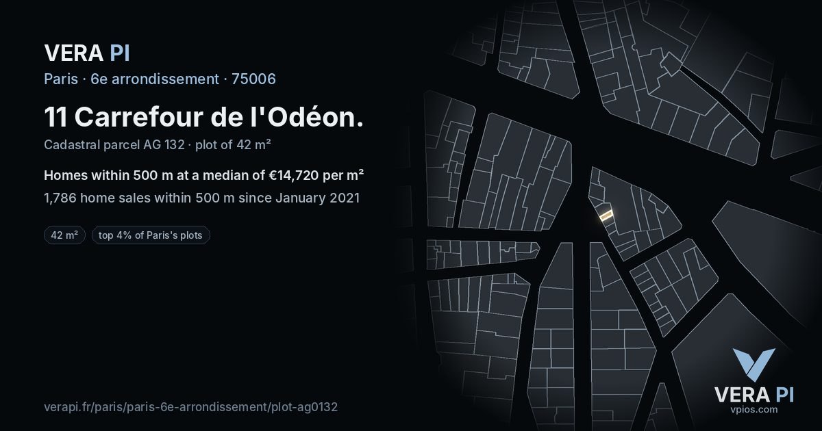 11 Carrefour de l'Odéon, 6e arrondissement at night – the plot lit, the parcels around coloured by the prices near them