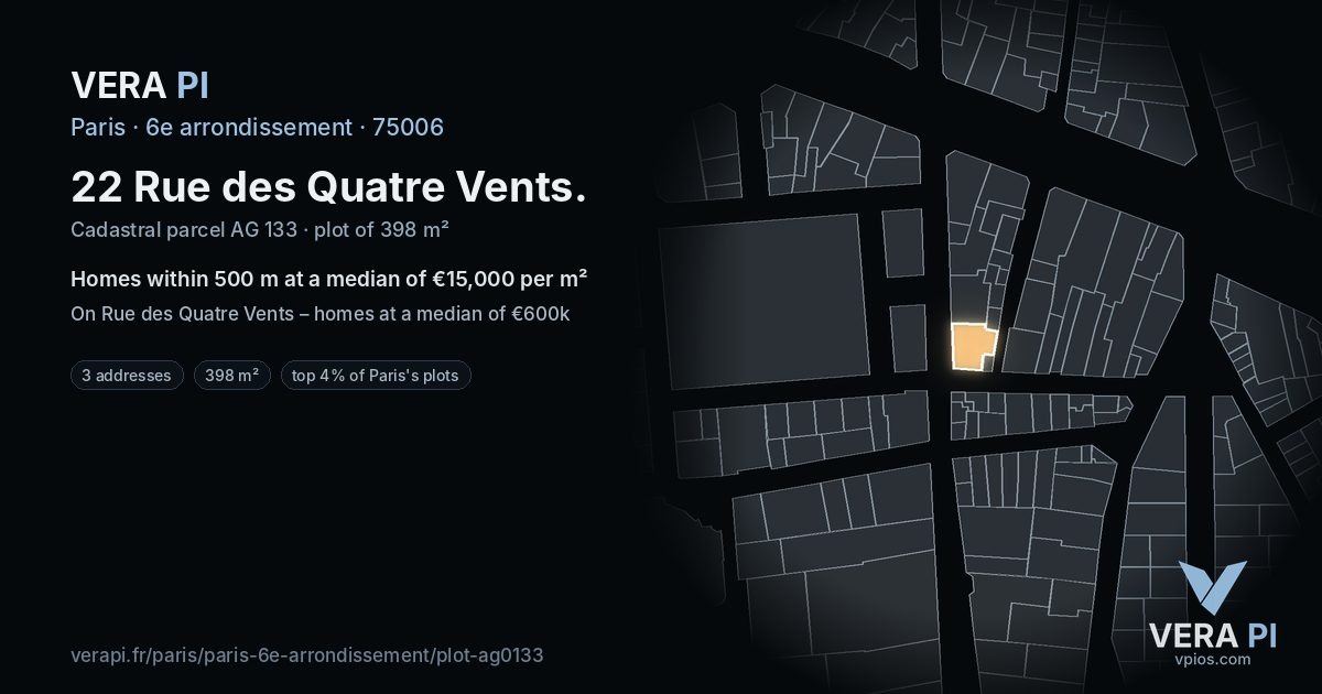 22 Rue des Quatre Vents, 6e arrondissement at night – the plot lit, the parcels around coloured by the prices near them