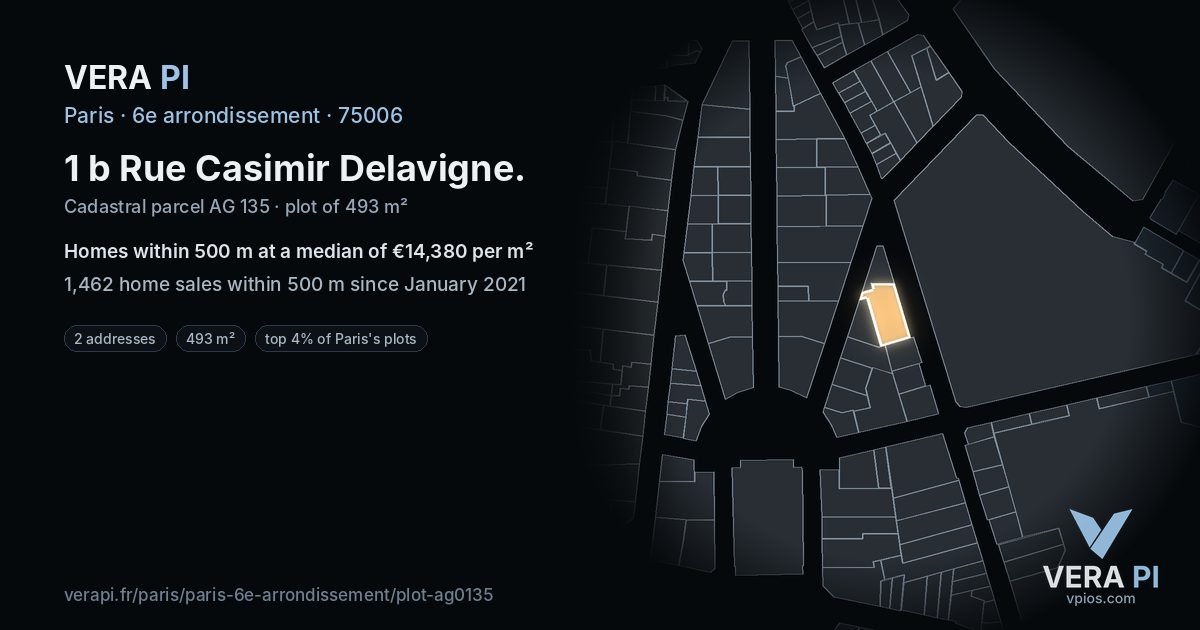 1 b Rue Casimir Delavigne, 6e arrondissement at night – the plot lit, the parcels around coloured by the prices near them