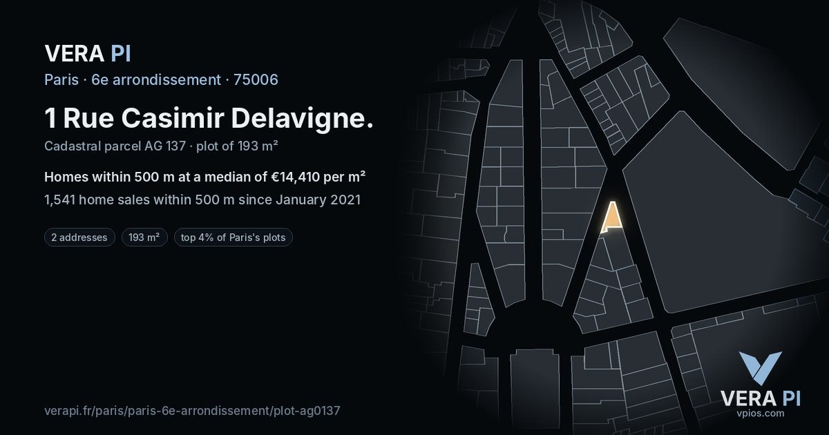 1 Rue Casimir Delavigne, 6e arrondissement at night – the plot lit, the parcels around coloured by the prices near them