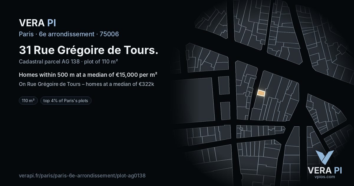31 Rue Grégoire de Tours, 6e arrondissement at night – the plot lit, the parcels around coloured by the prices near them