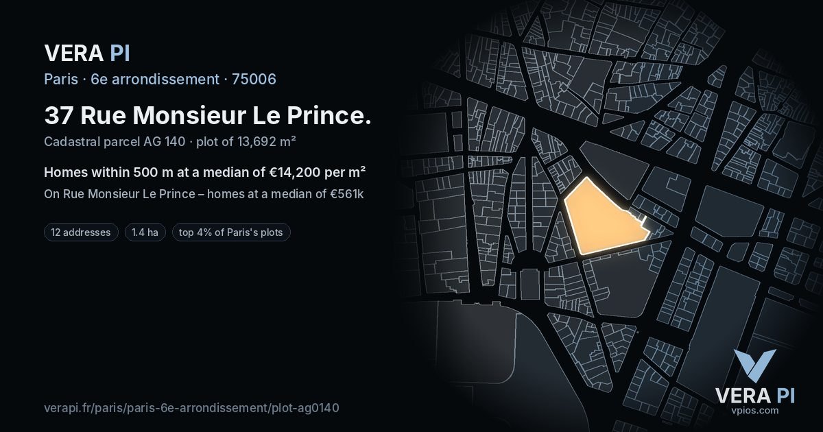 37 Rue Monsieur Le Prince, 6e arrondissement at night – the plot lit, the parcels around coloured by the prices near them