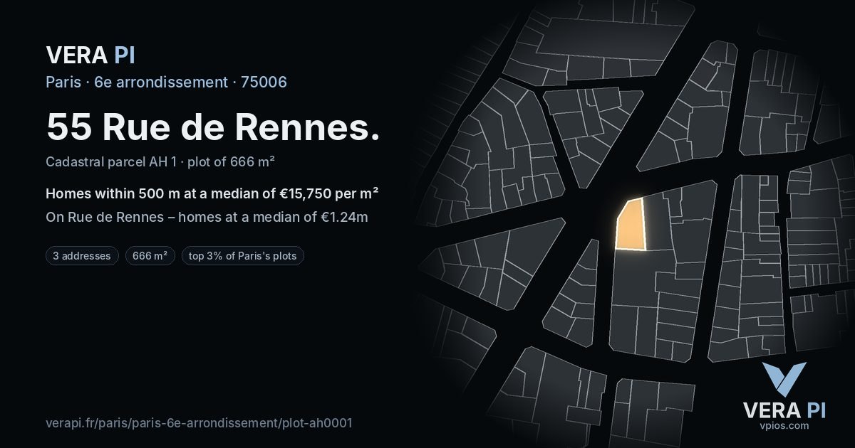 55 Rue de Rennes, 6e arrondissement at night – the plot lit, the parcels around coloured by the prices near them