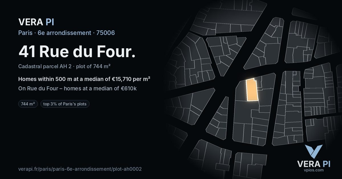 41 Rue du Four, 6e arrondissement at night – the plot lit, the parcels around coloured by the prices near them
