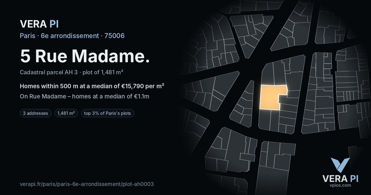 5 Rue Madame, 6e arrondissement at night – the plot lit, the parcels around coloured by the prices near them