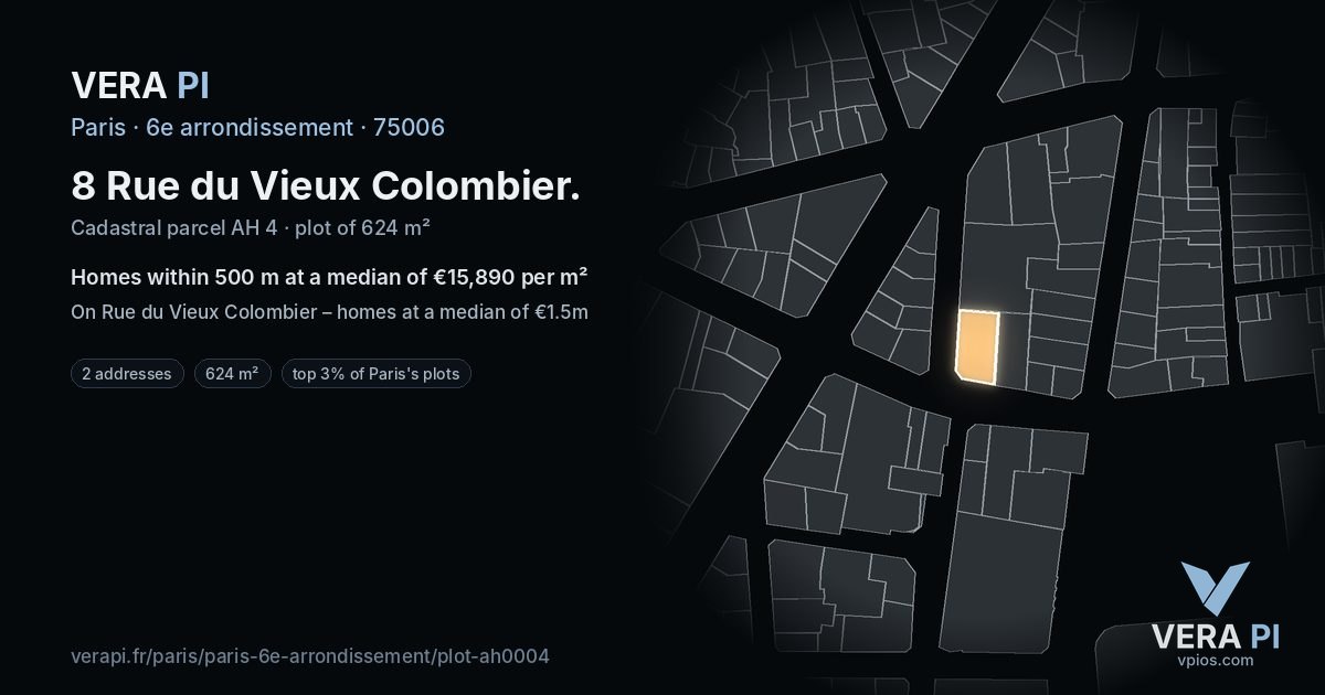 8 Rue du Vieux Colombier, 6e arrondissement at night – the plot lit, the parcels around coloured by the prices near them