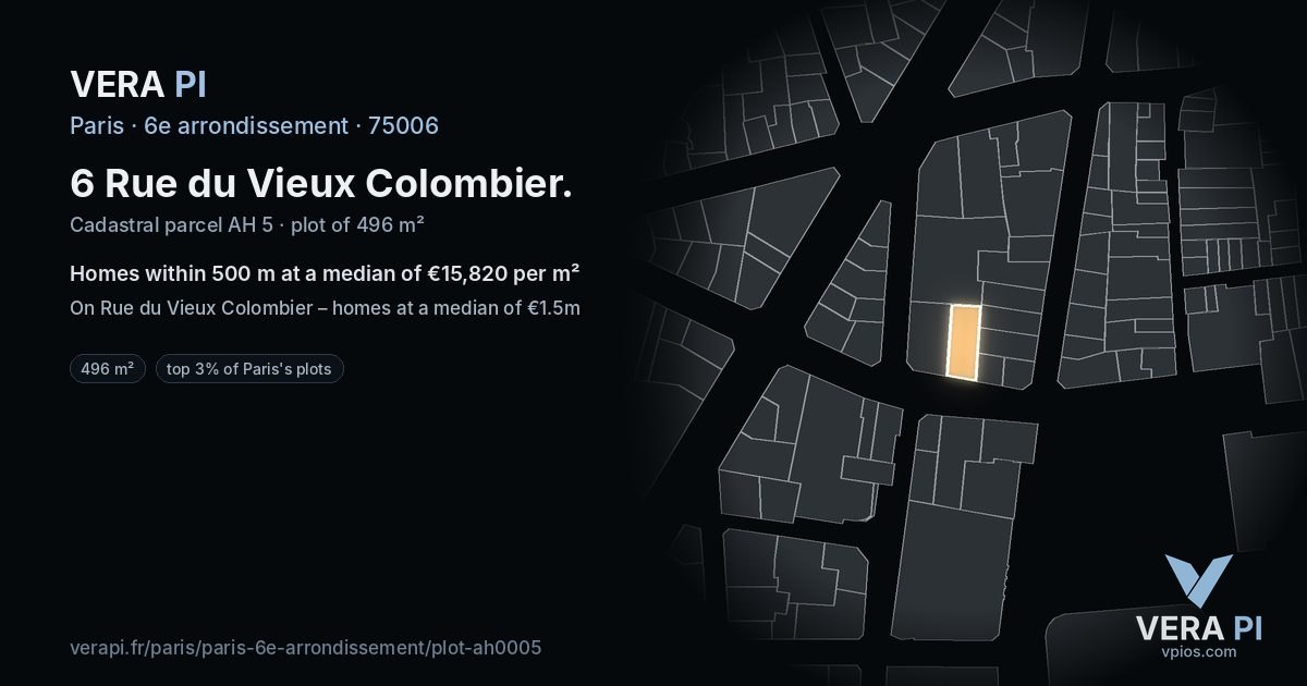 6 Rue du Vieux Colombier, 6e arrondissement at night – the plot lit, the parcels around coloured by the prices near them