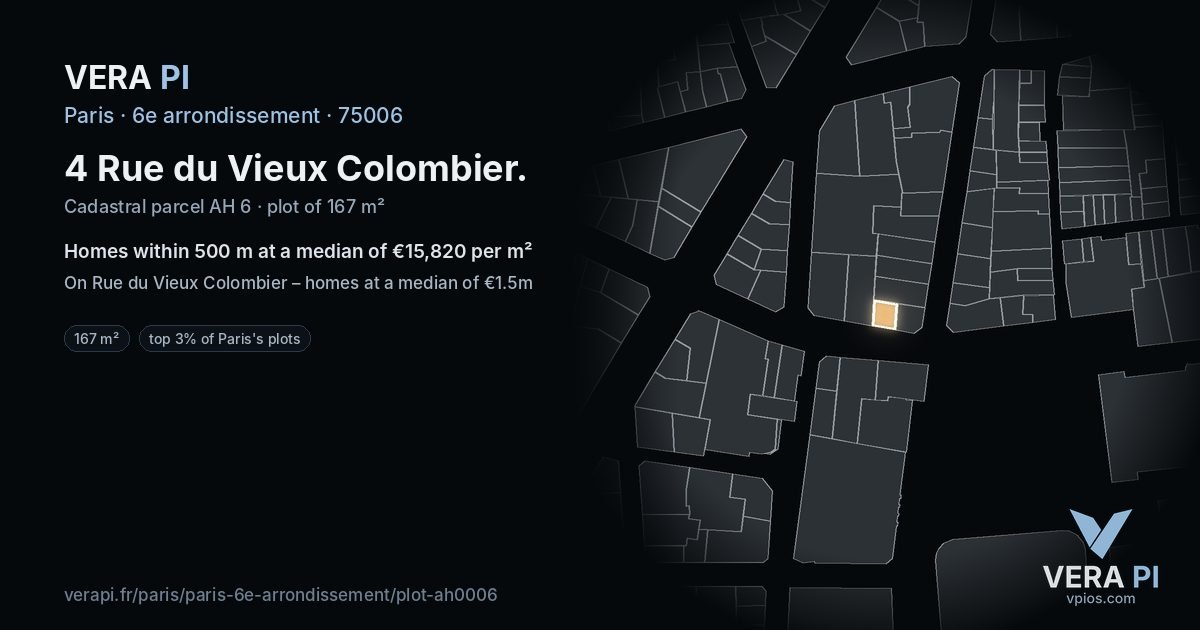 4 Rue du Vieux Colombier, 6e arrondissement at night – the plot lit, the parcels around coloured by the prices near them