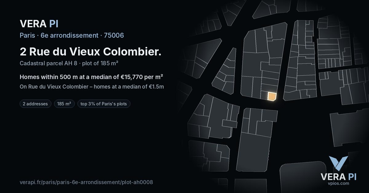 2 Rue du Vieux Colombier, 6e arrondissement at night – the plot lit, the parcels around coloured by the prices near them