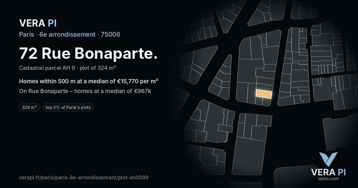 72 Rue Bonaparte, 6e arrondissement at night – the plot lit, the parcels around coloured by the prices near them