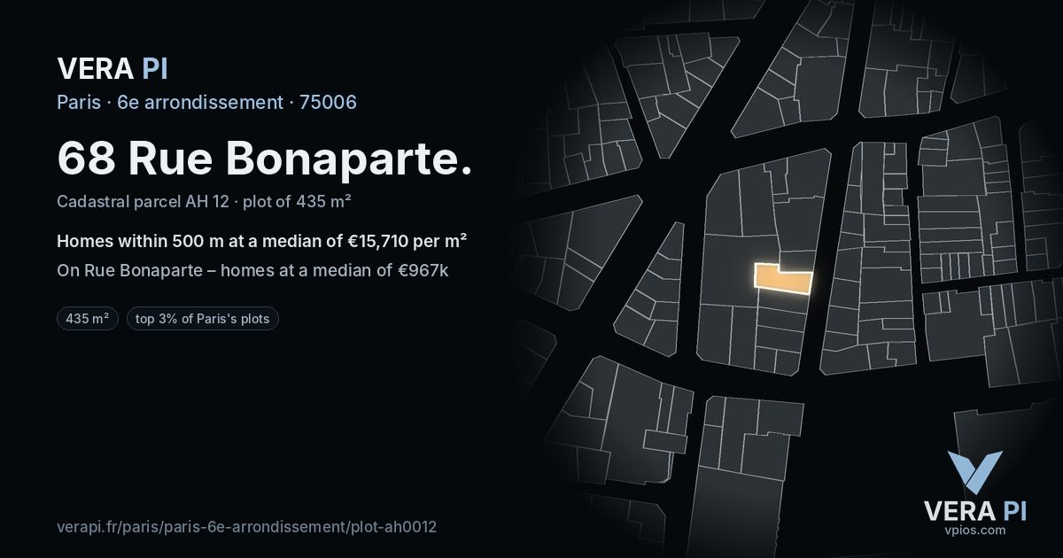 68 Rue Bonaparte, 6e arrondissement at night – the plot lit, the parcels around coloured by the prices near them