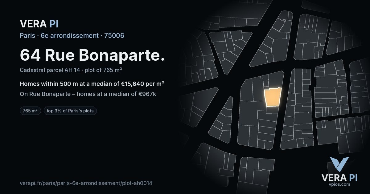 64 Rue Bonaparte, 6e arrondissement at night – the plot lit, the parcels around coloured by the prices near them