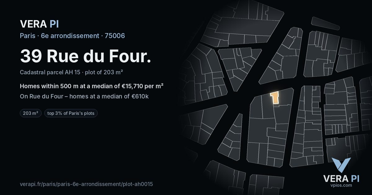 39 Rue du Four, 6e arrondissement at night – the plot lit, the parcels around coloured by the prices near them